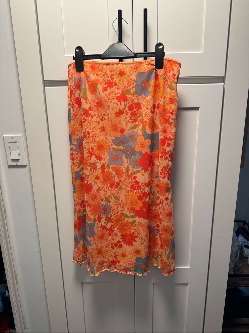 SHEIN Orange Floral Midi Skirt with Blue Accents
